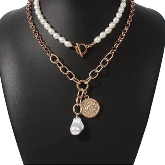 Layered Boho Necklace Charm Pearl Gold Tone Chain - Picture 2 of 3
